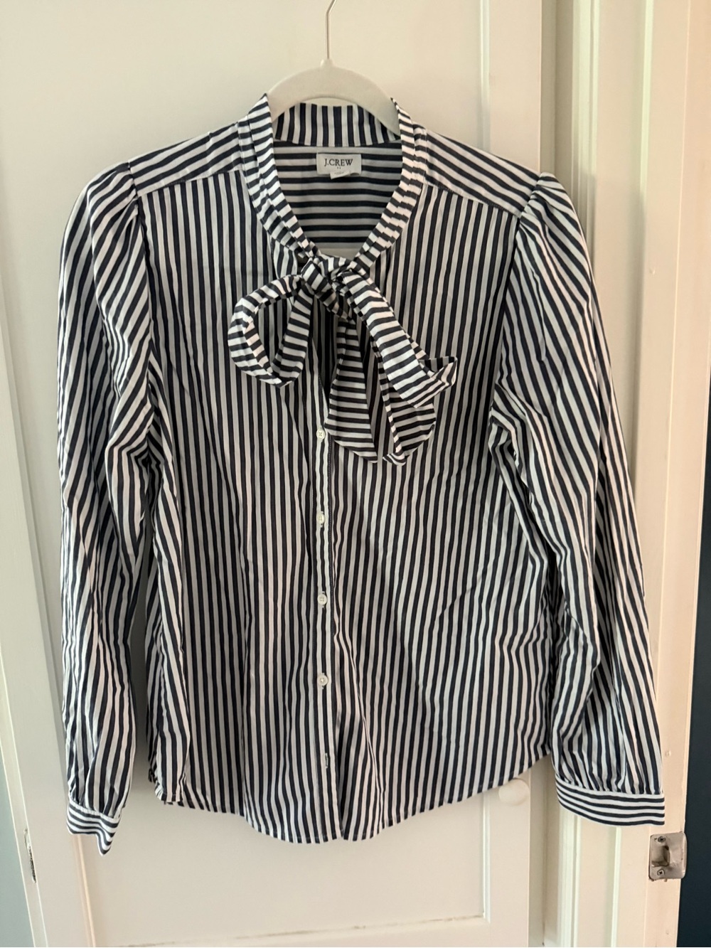 J. Crew Navy & White Vertical Stripe Tie-Neck Button Down